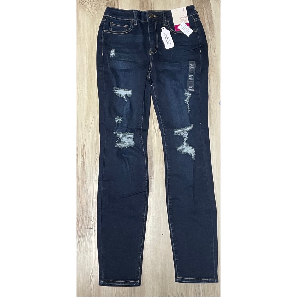 NWT SO High Rise Skinny Jeans Juniors Size 9 Dark Blue Distressed - Picture 3 of 5